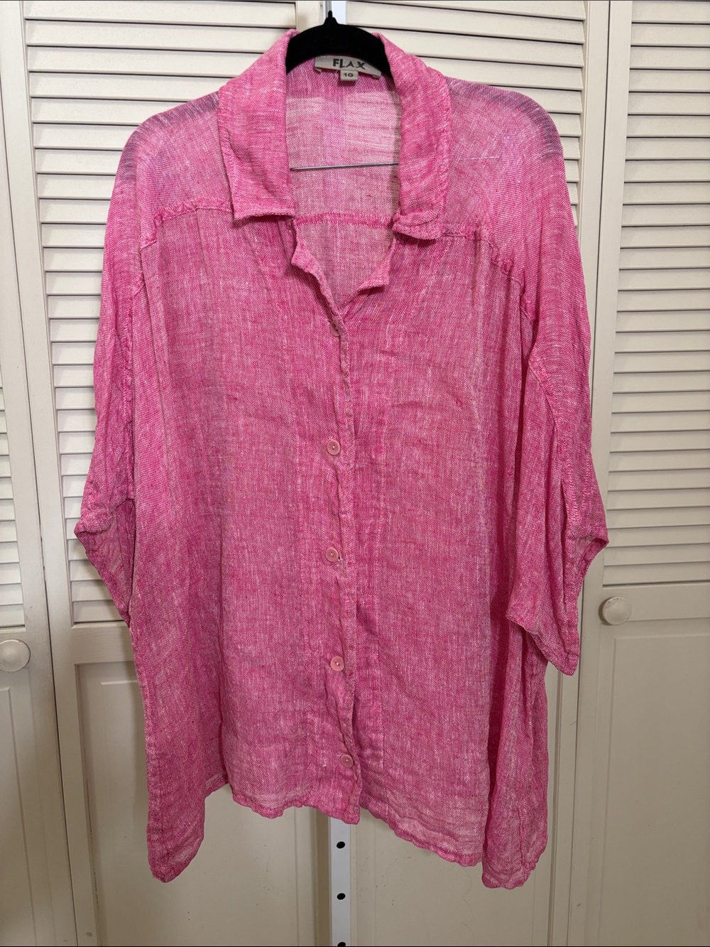 Flax Pink Linen Button-Down Short Dolman Sleeves Pink Shirt 1X